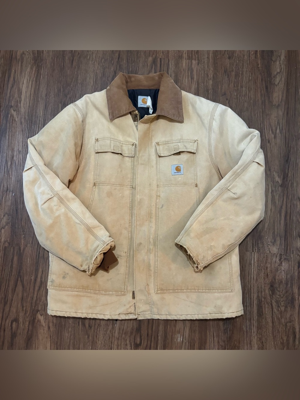 Carhartt XL Distressed Canvas Chore Work Jacket Faded Tan Corduroy Collar